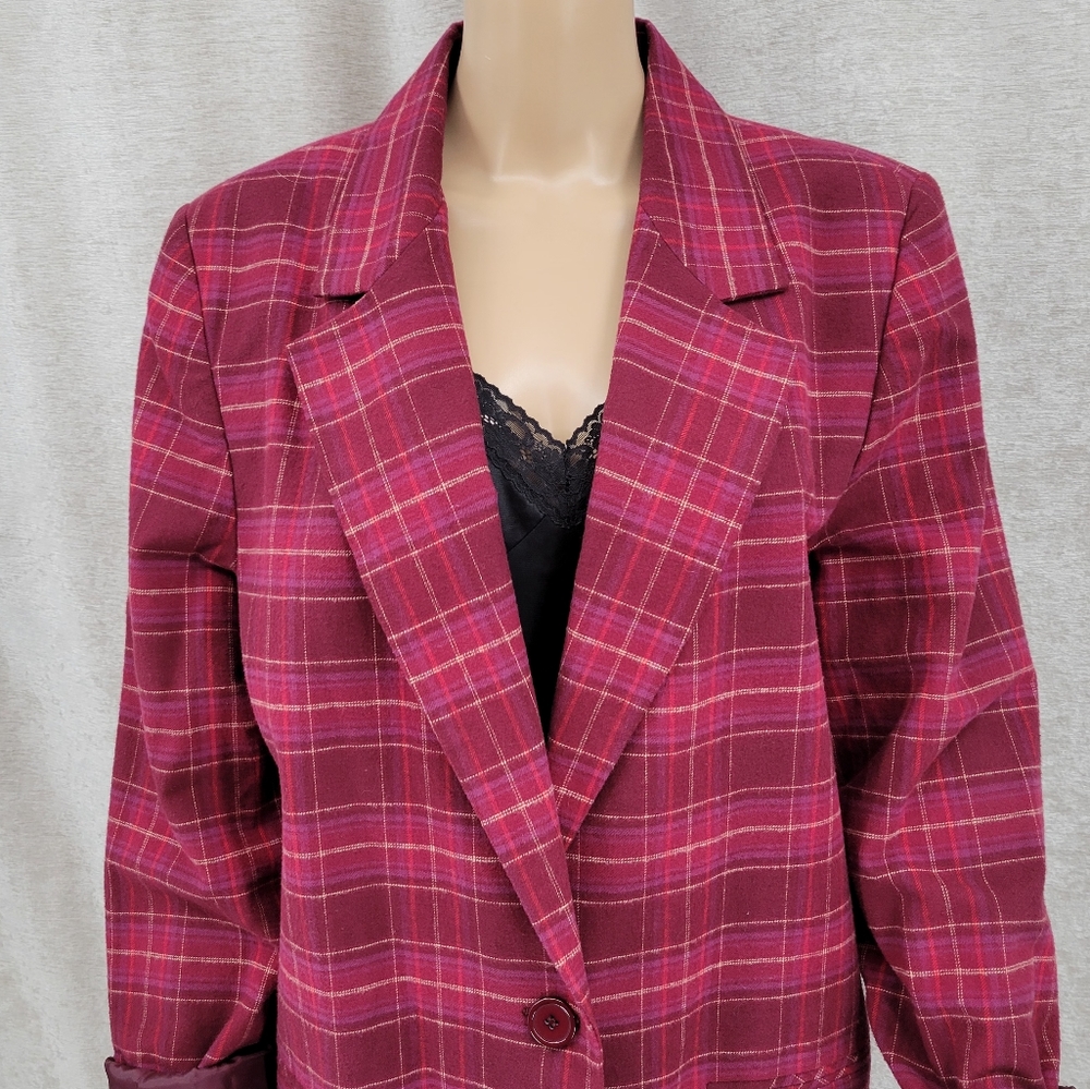 Women's Raspberry Plaid Single-Button Blazer Jacket - Picture 3 of 15